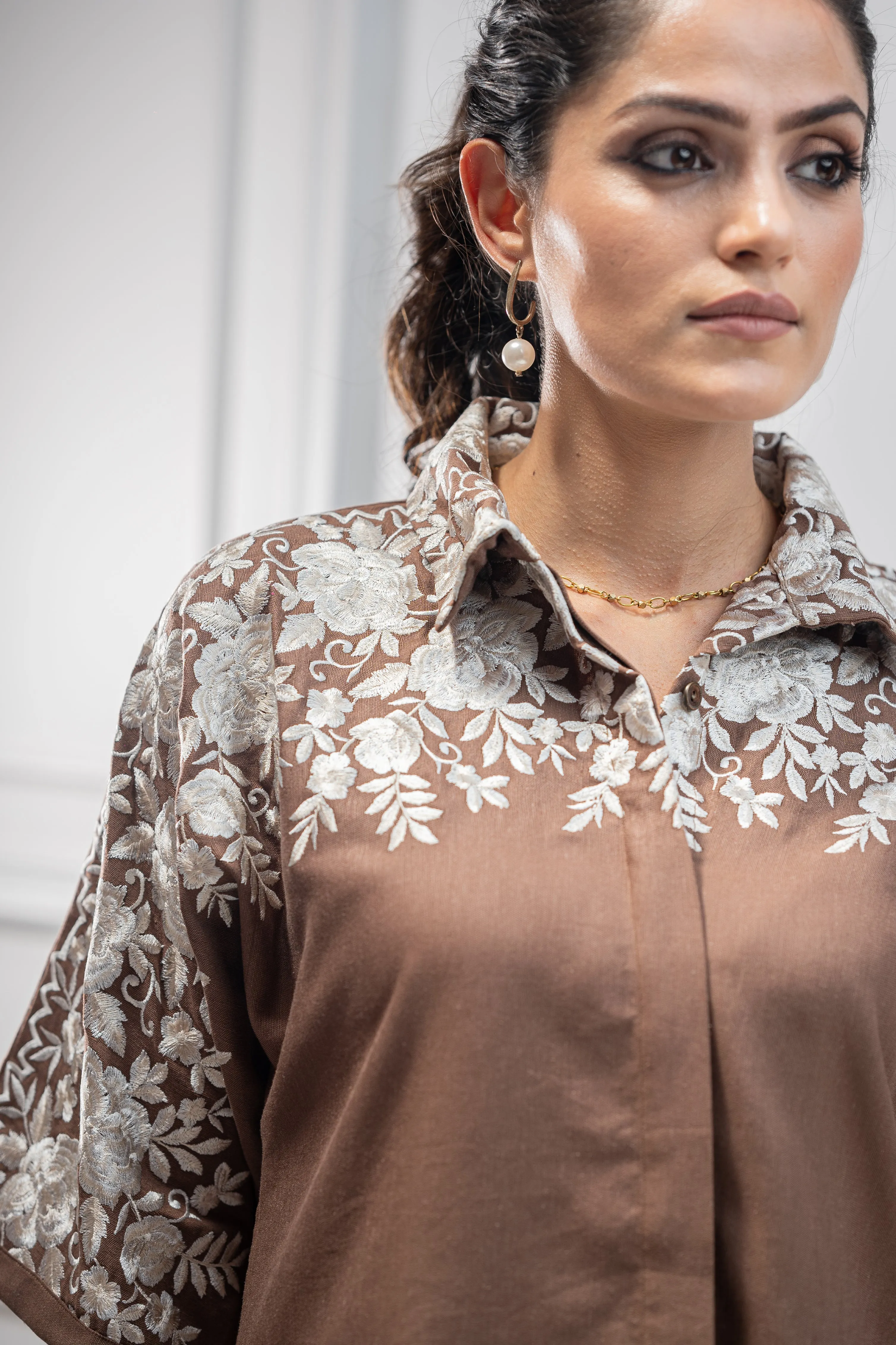 Brown Floral Embroidered Co-ord Set