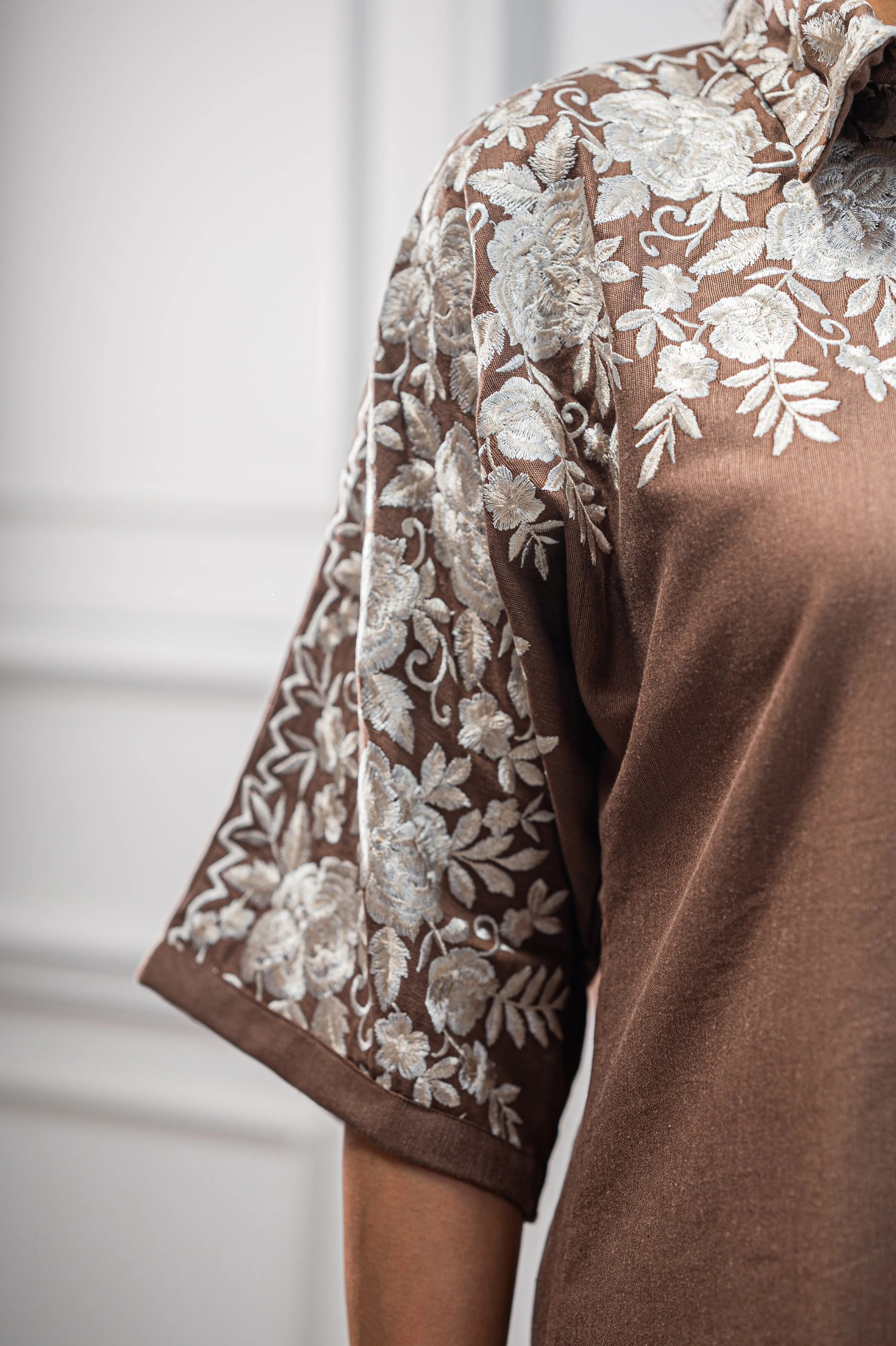 Brown Floral Embroidered Co-ord Set