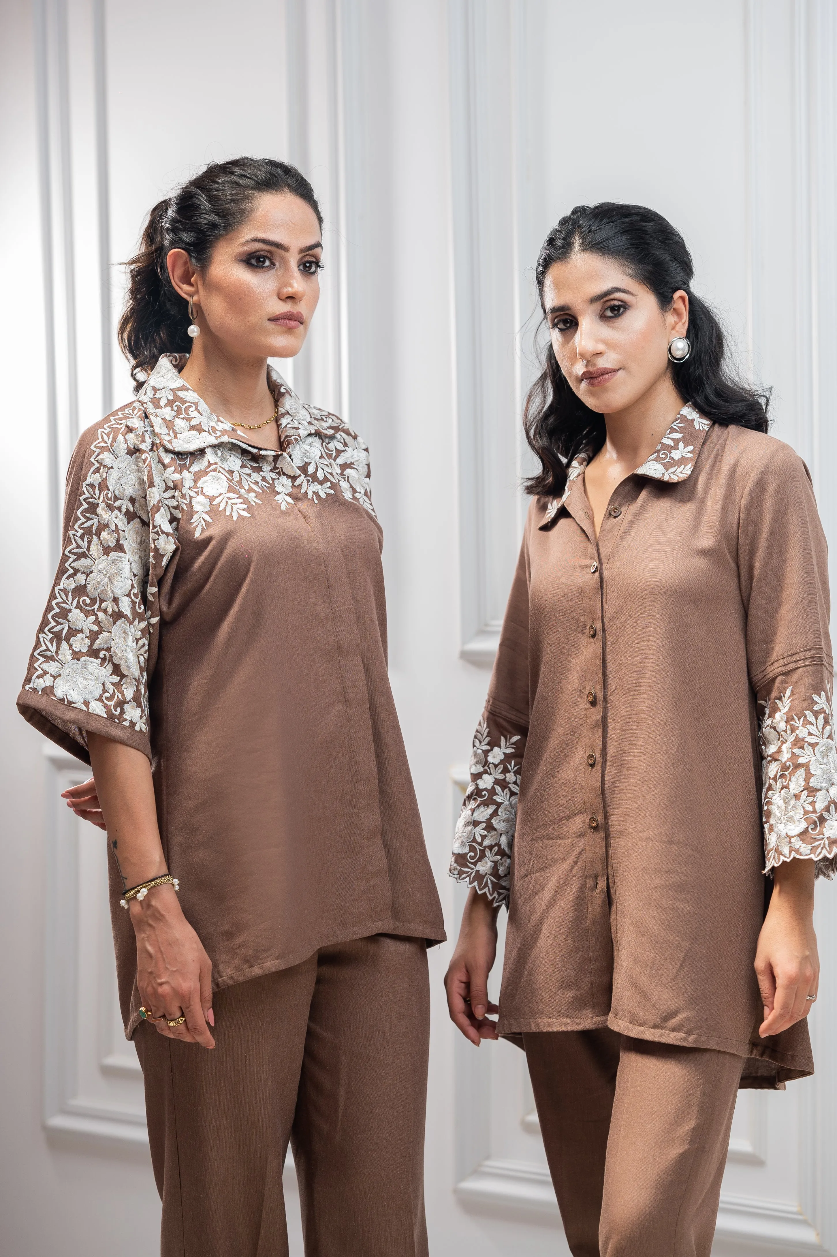 Brown Floral Embroidered Co-ord Set
