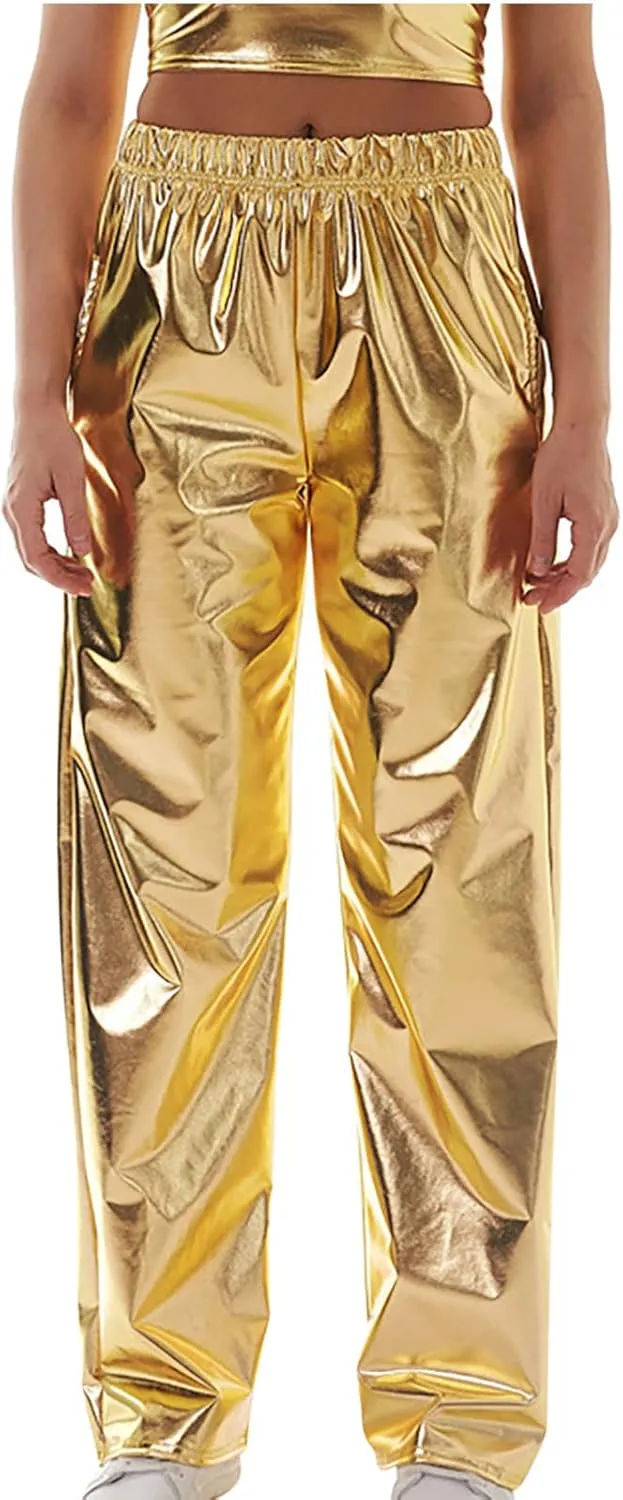 BZGTZT Women's Shiny Metallic High Waist Stretchy Jogger Pants, Wet Look Hip Hop Club Wear Holographic Trousers Sweatpant