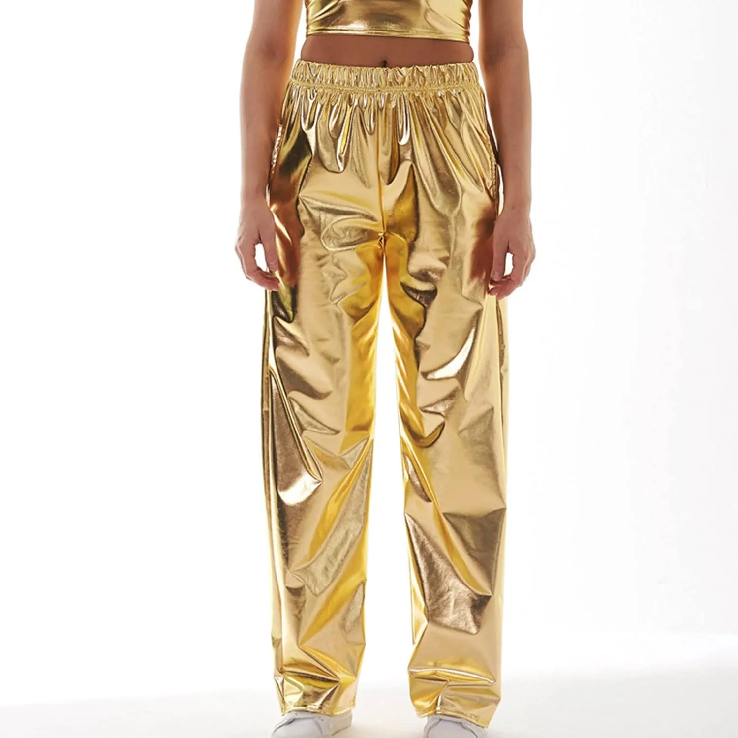 BZGTZT Women's Shiny Metallic High Waist Stretchy Jogger Pants, Wet Look Hip Hop Club Wear Holographic Trousers Sweatpant