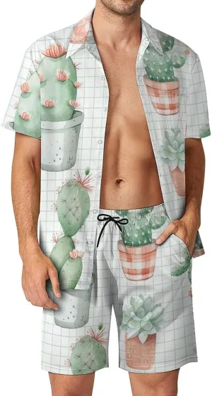Cacti And Succulents Mens Swimsuit 2 Pieces Set Quick Dry Shorts Shirts Summer Button Down Short Sleeve Set