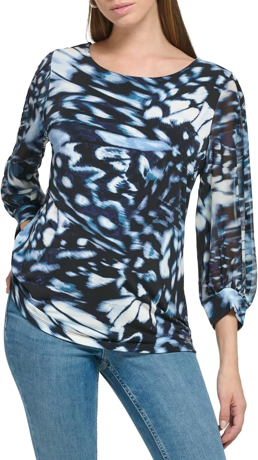 Calvin Klein Women's Everyday Crew Neck Printed Chiffon Sleeve Blouse