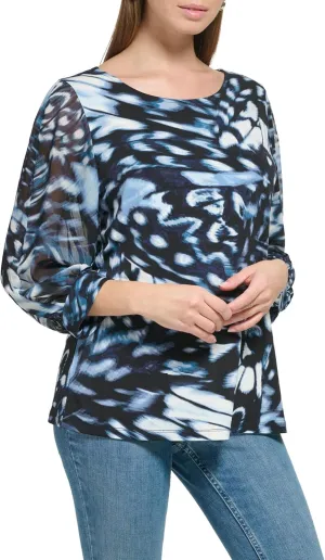 Calvin Klein Women's Everyday Crew Neck Printed Chiffon Sleeve Blouse