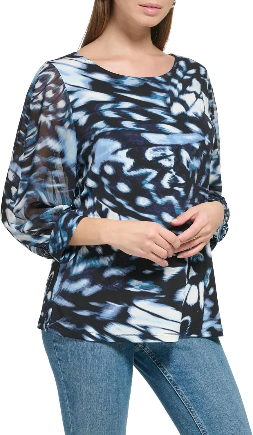 Calvin Klein Women's Everyday Crew Neck Printed Chiffon Sleeve Blouse