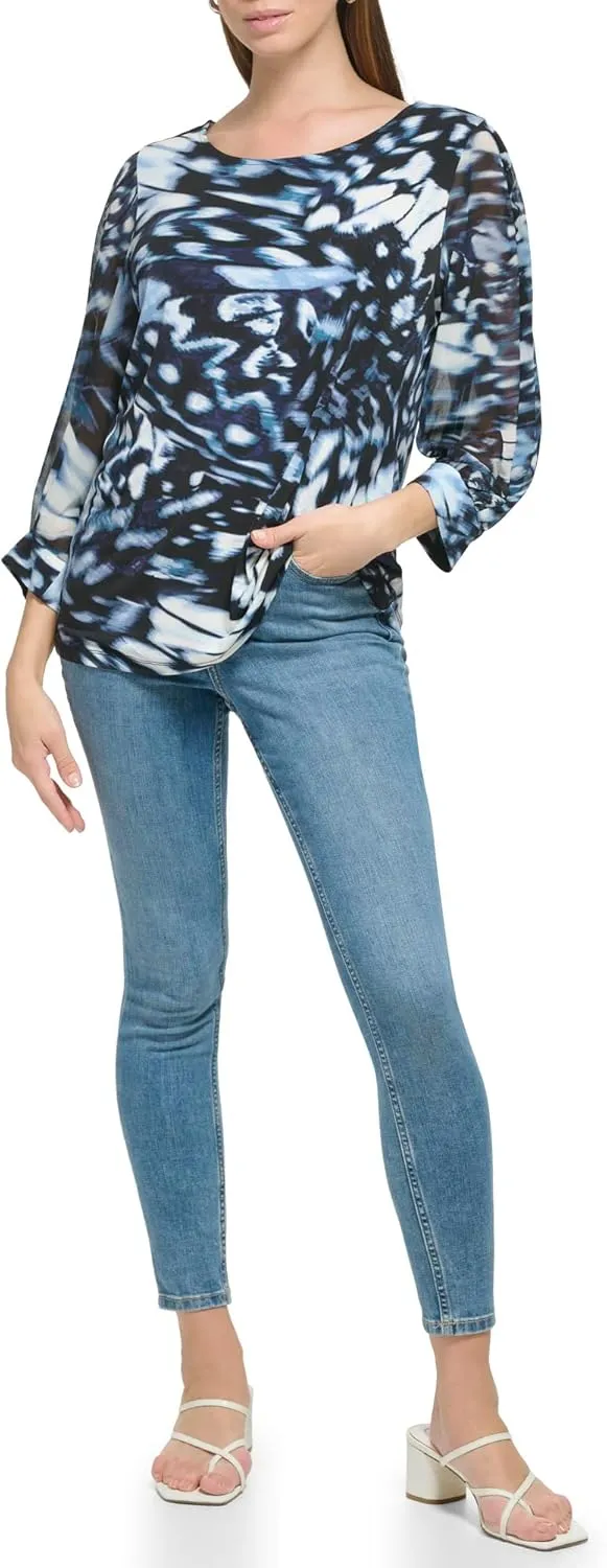 Calvin Klein Women's Everyday Crew Neck Printed Chiffon Sleeve Blouse
