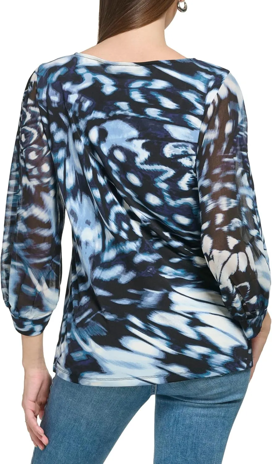 Calvin Klein Women's Everyday Crew Neck Printed Chiffon Sleeve Blouse