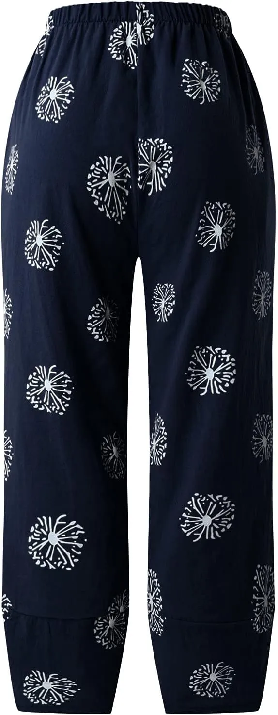 Capri Pants for Women Boho Summer Elastic Waist Casual Pants Butterfly Lightweight Straight Leg Trousers