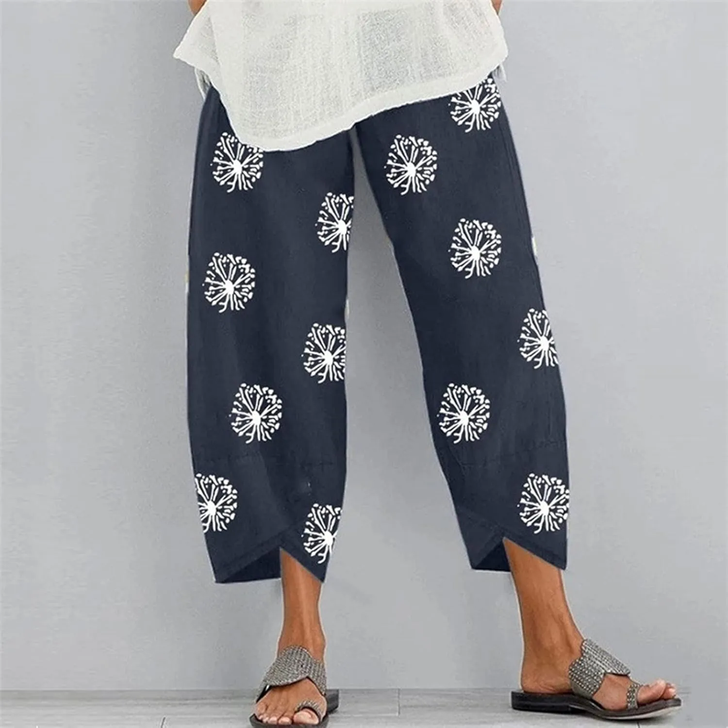Capri Pants for Women Boho Summer Elastic Waist Casual Pants Butterfly Lightweight Straight Leg Trousers