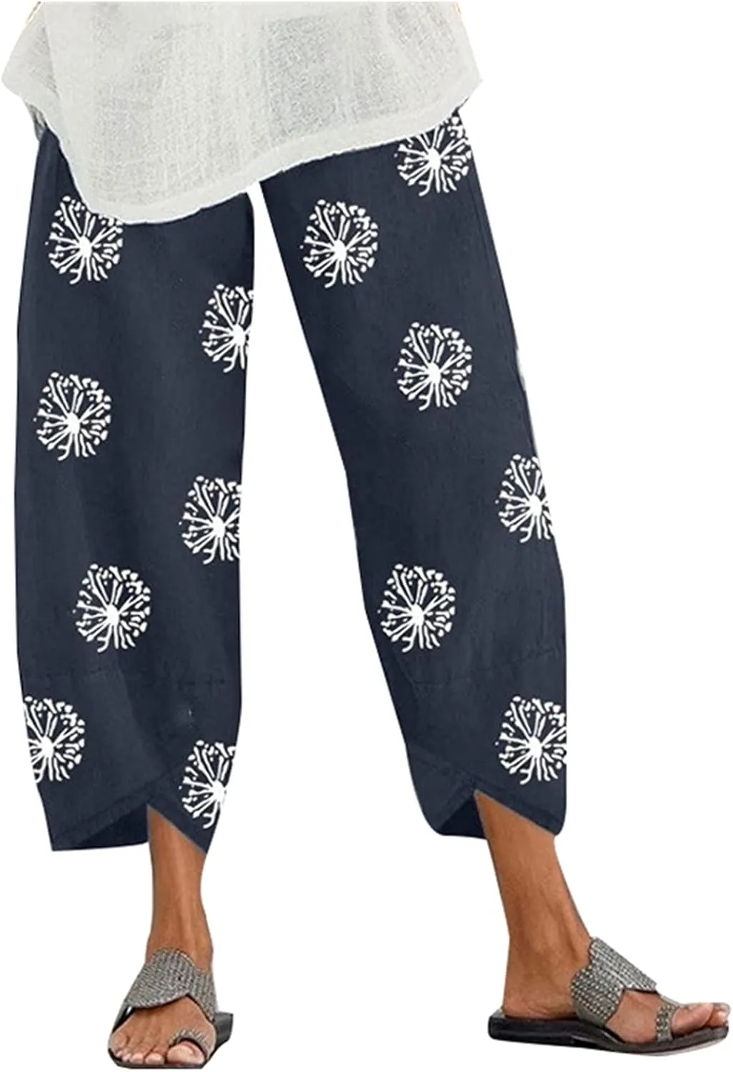 Capri Pants for Women Boho Summer Elastic Waist Casual Pants Butterfly Lightweight Straight Leg Trousers