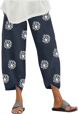 Capri Pants for Women Boho Summer Elastic Waist Casual Pants Butterfly Lightweight Straight Leg Trousers