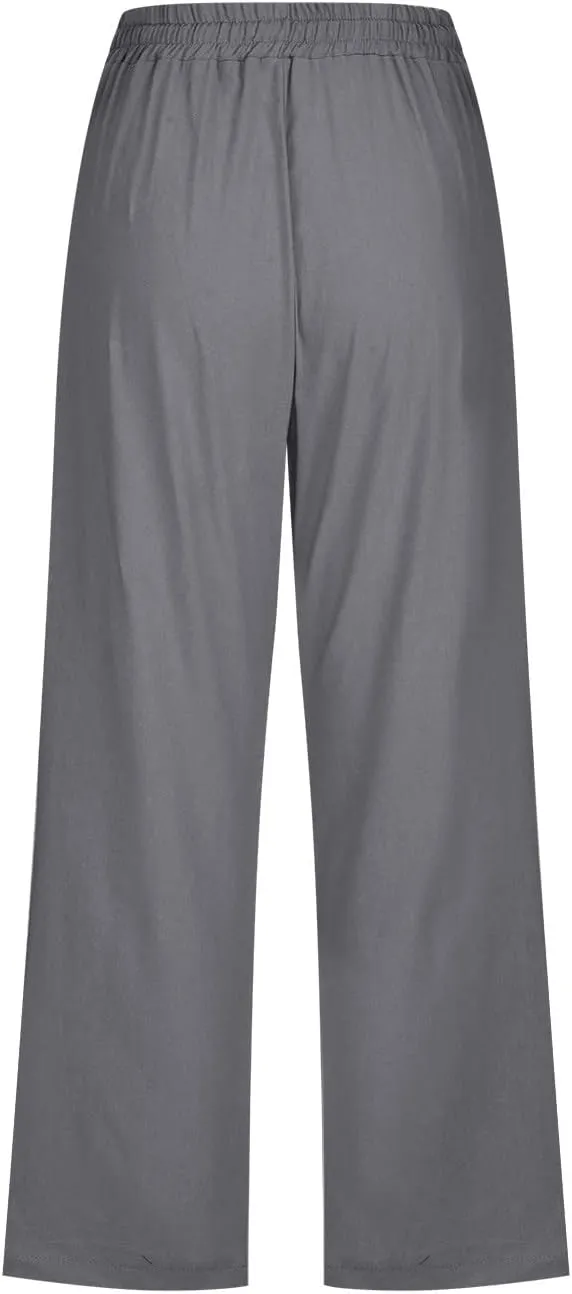 Capri Pants for Women Casual 2024 High Waist Linen Pants Straight Wide Leg Cropped Trouser Drawstring Summer Pants