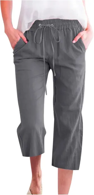 Capri Pants for Women Casual 2024 High Waist Linen Pants Straight Wide Leg Cropped Trouser Drawstring Summer Pants