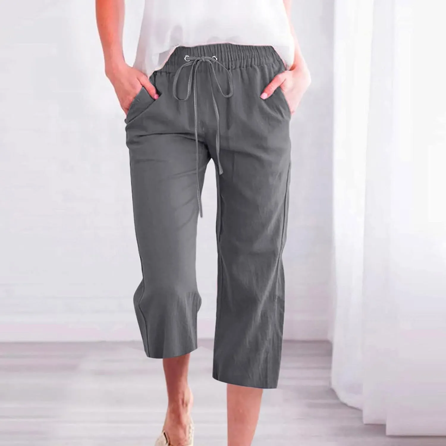 Capri Pants for Women Casual 2024 High Waist Linen Pants Straight Wide Leg Cropped Trouser Drawstring Summer Pants