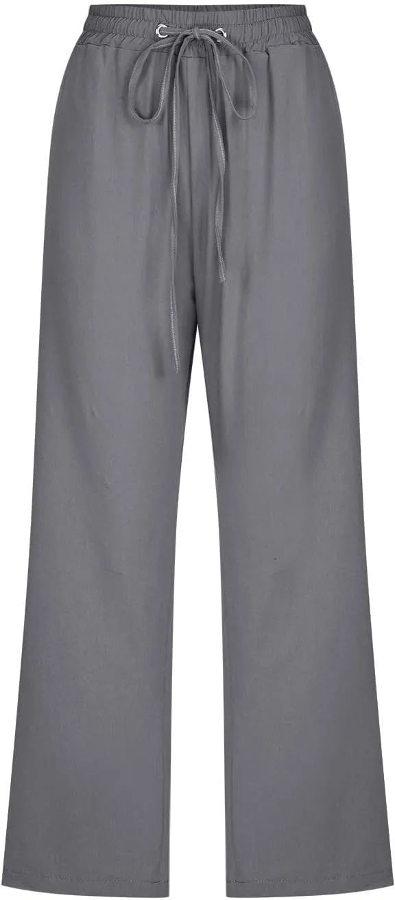 Capri Pants for Women Casual 2024 High Waist Linen Pants Straight Wide Leg Cropped Trouser Drawstring Summer Pants