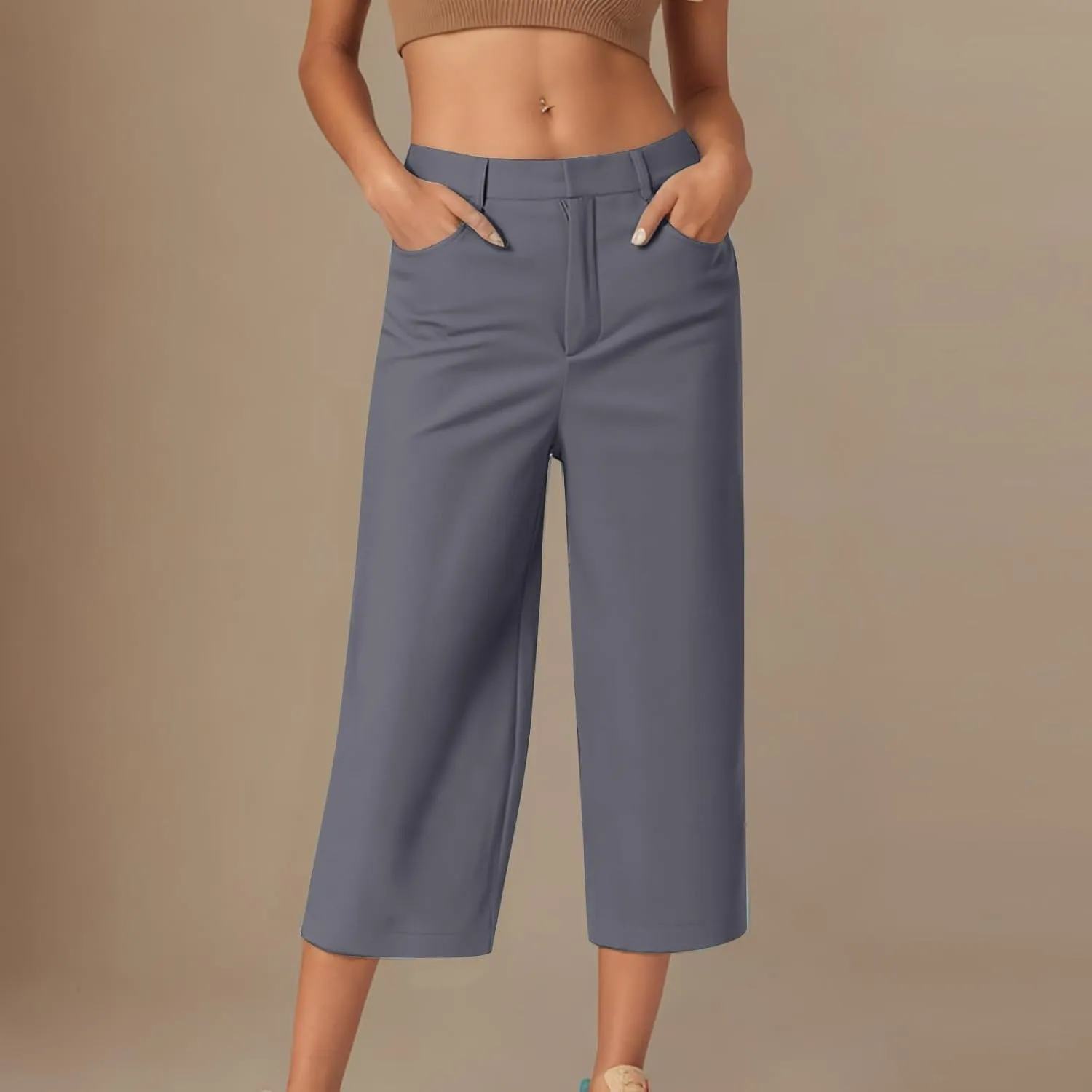 Capri Pants for Women Summer Casual Wide Leg Capris Stretch High Waisted Crop Yoga Dress Pants with Pockets