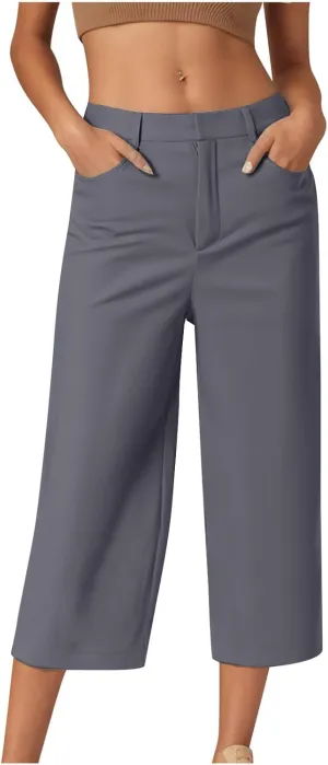 Capri Pants for Women Summer Casual Wide Leg Capris Stretch High Waisted Crop Yoga Dress Pants with Pockets