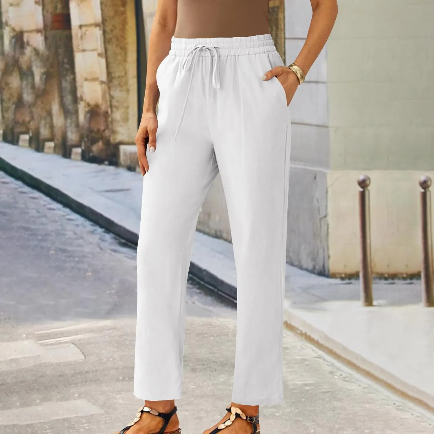 Capris Pants for Women Cotton Linen Casual Summer Straight Wide Leg Beach Drawstring Elastic Waist Cropped Trousers