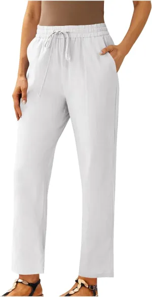 Capris Pants for Women Cotton Linen Casual Summer Straight Wide Leg Beach Drawstring Elastic Waist Cropped Trousers