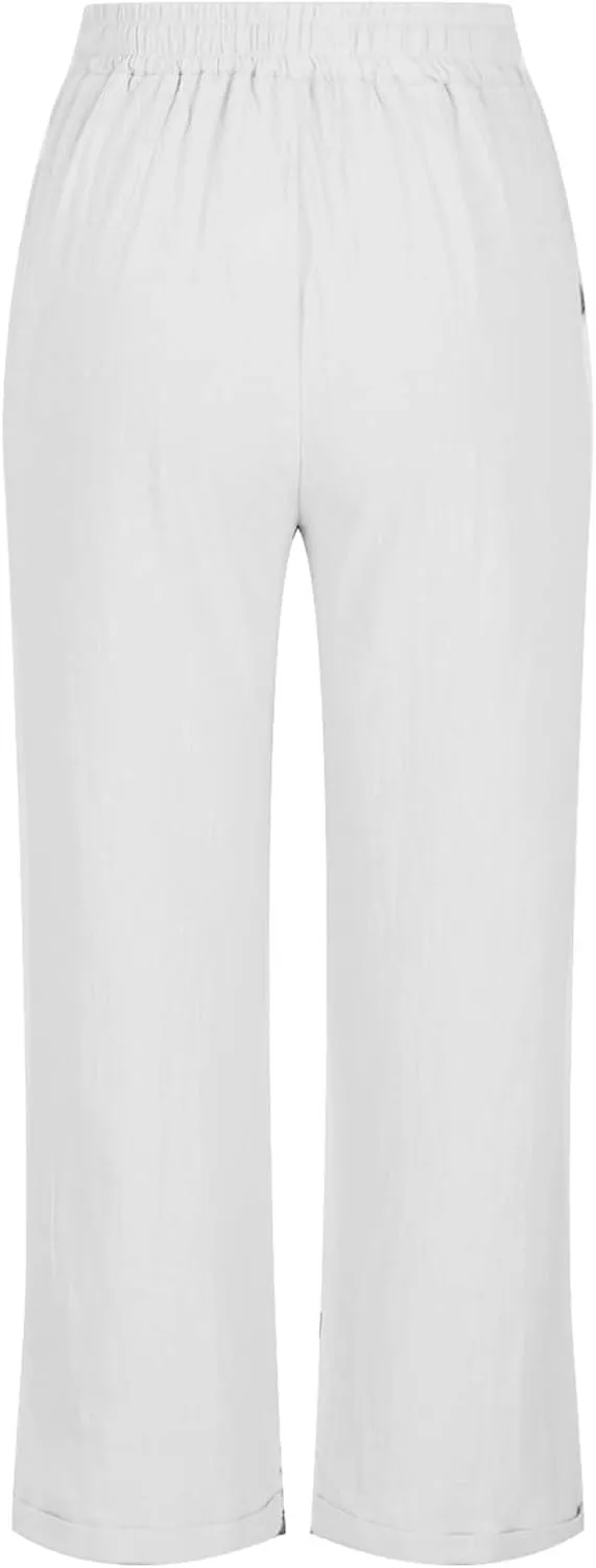 Capris Pants for Women Cotton Linen Casual Summer Straight Wide Leg Beach Drawstring Elastic Waist Cropped Trousers