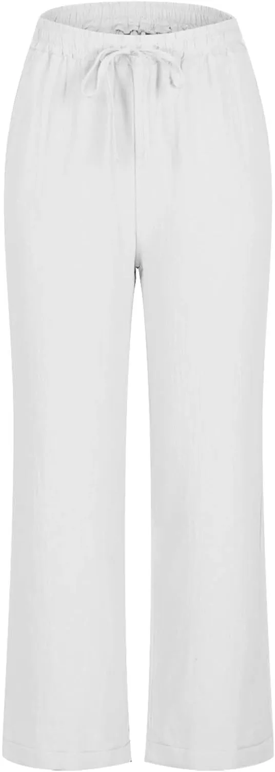 Capris Pants for Women Cotton Linen Casual Summer Straight Wide Leg Beach Drawstring Elastic Waist Cropped Trousers