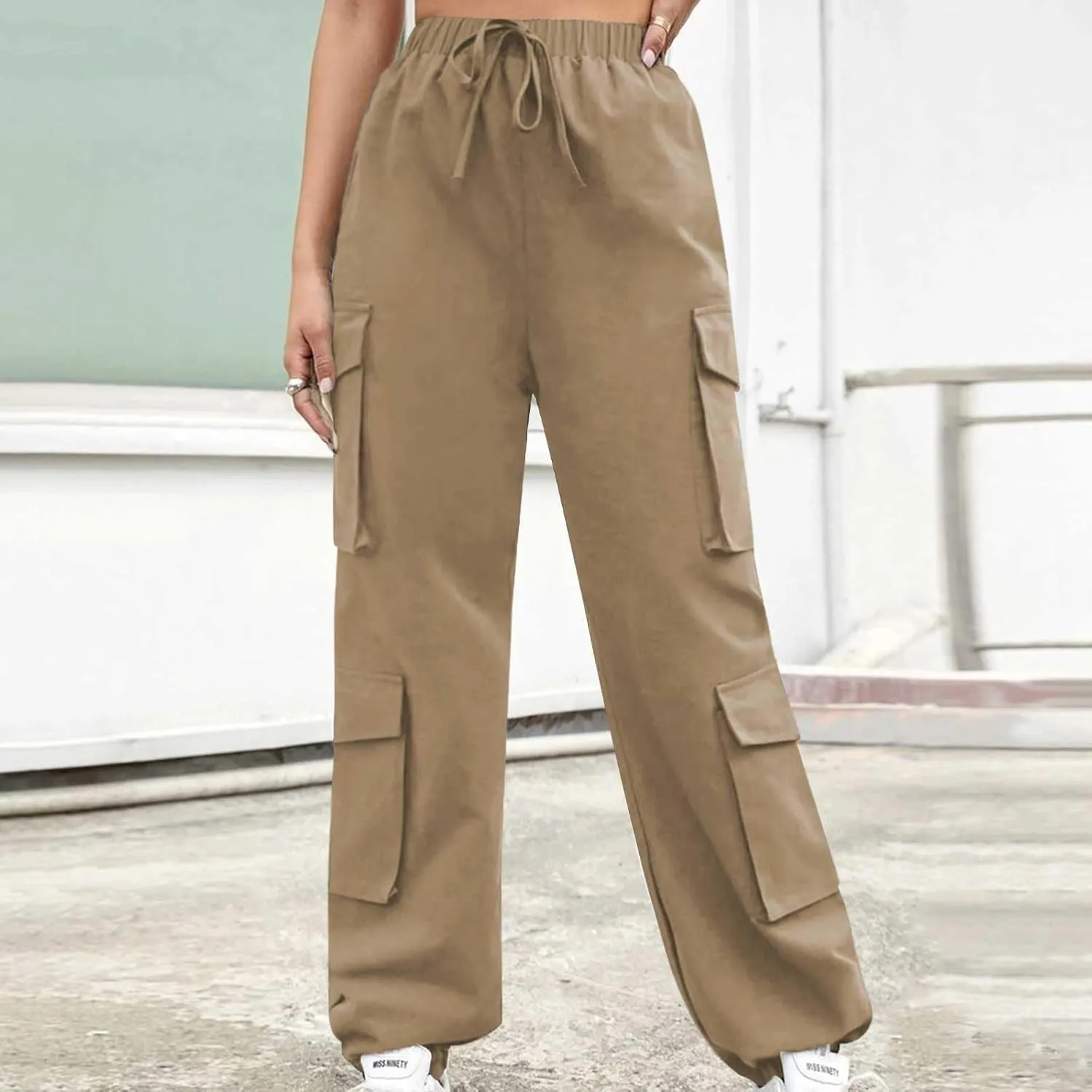 Cargo Pants Women Drawstring High Waist Pants Fashion Casual Solid Trousers Loose Fit Lounge Pant with Pockets