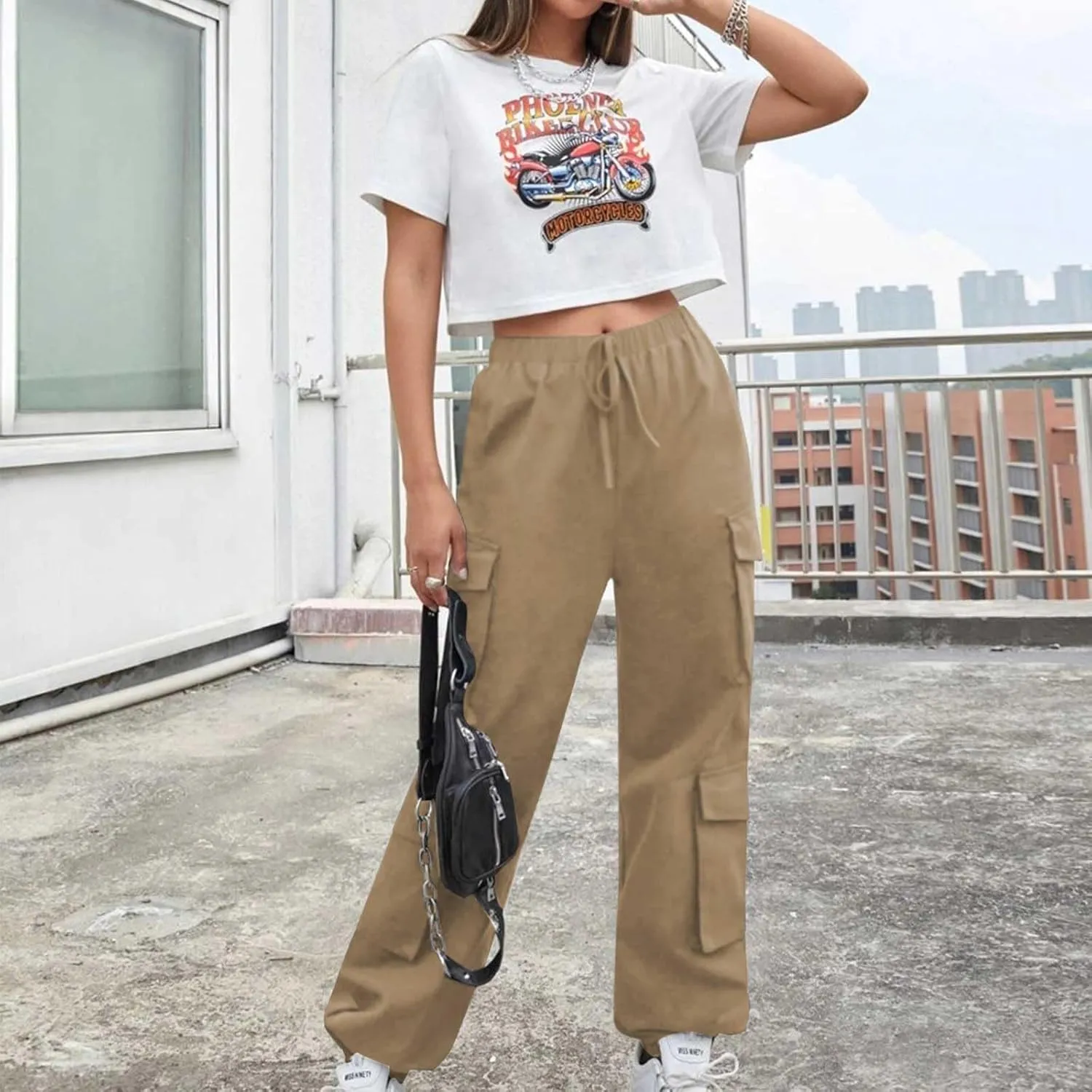 Cargo Pants Women Drawstring High Waist Pants Fashion Casual Solid Trousers Loose Fit Lounge Pant with Pockets
