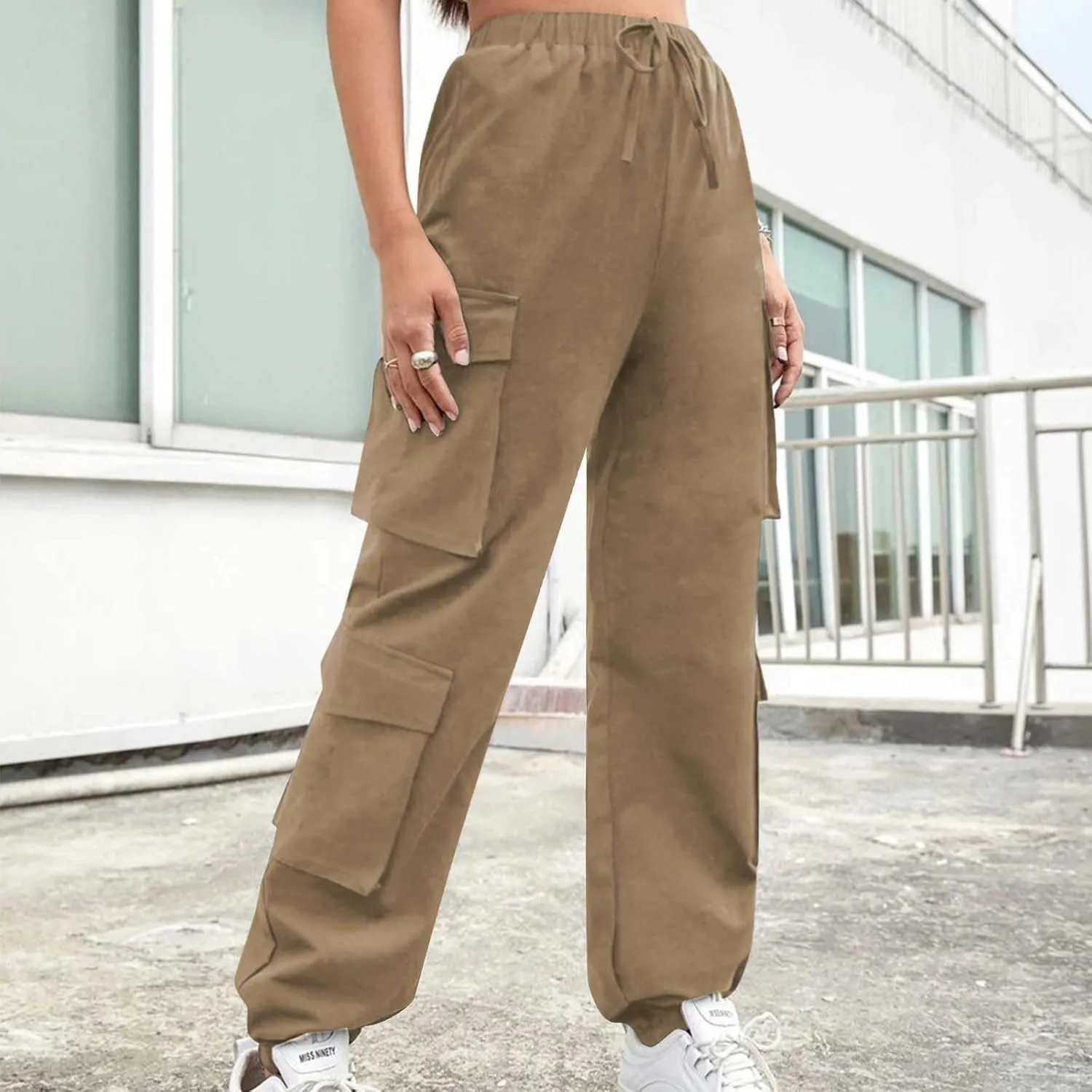 Cargo Pants Women Drawstring High Waist Pants Fashion Casual Solid Trousers Loose Fit Lounge Pant with Pockets