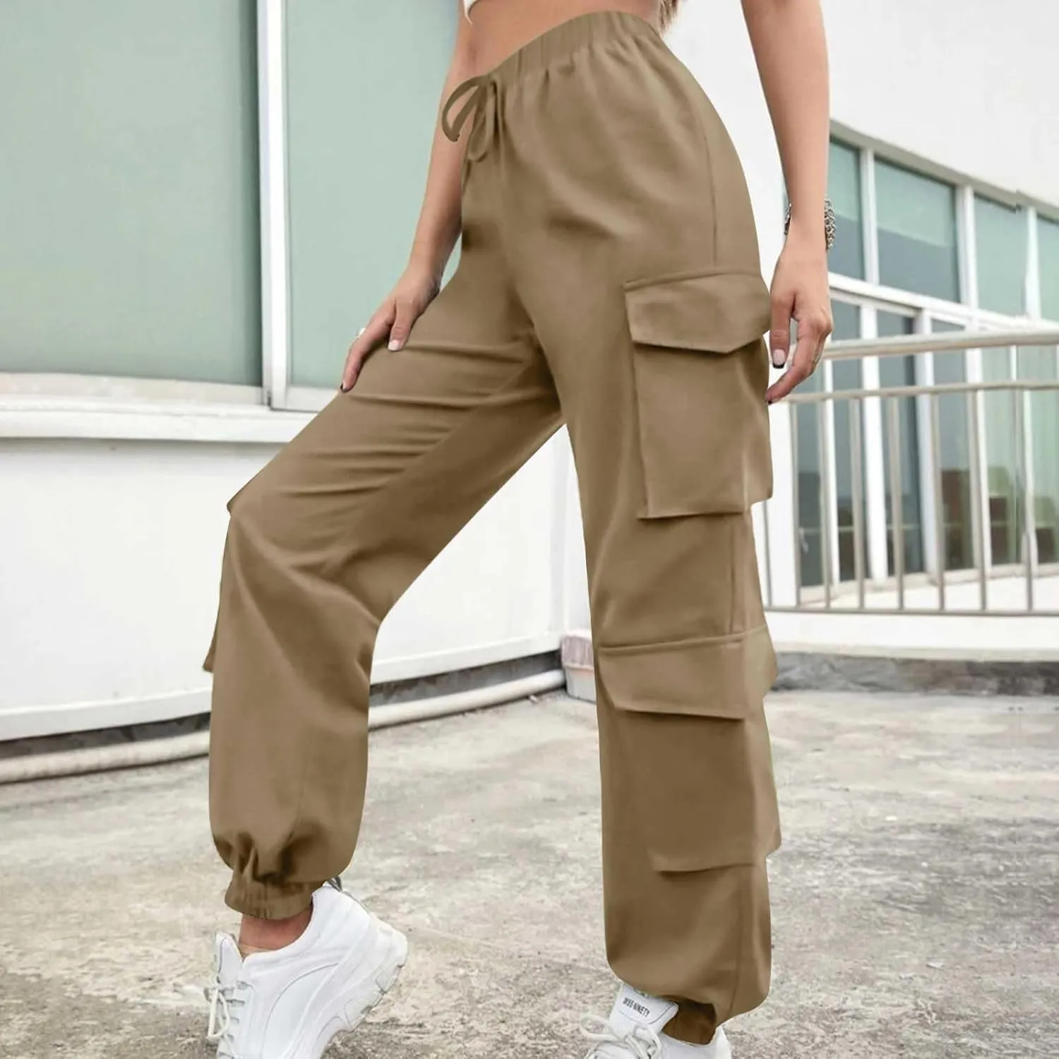 Cargo Pants Women Drawstring High Waist Pants Fashion Casual Solid Trousers Loose Fit Lounge Pant with Pockets