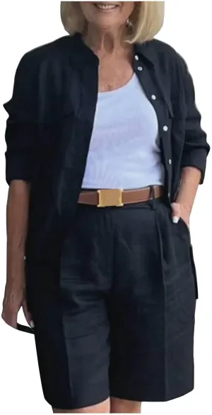 Casual 2 Piece Outfits Linen Blazer Shorts Set for Women Plus Size Solid Color Pants Suits with Pockets