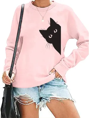 Cat Sweatshirts for Women Graphic Print Sweatshirt Funny Long Sleeve Shirt Cute Pullover Lightweight Hoodie Tops
