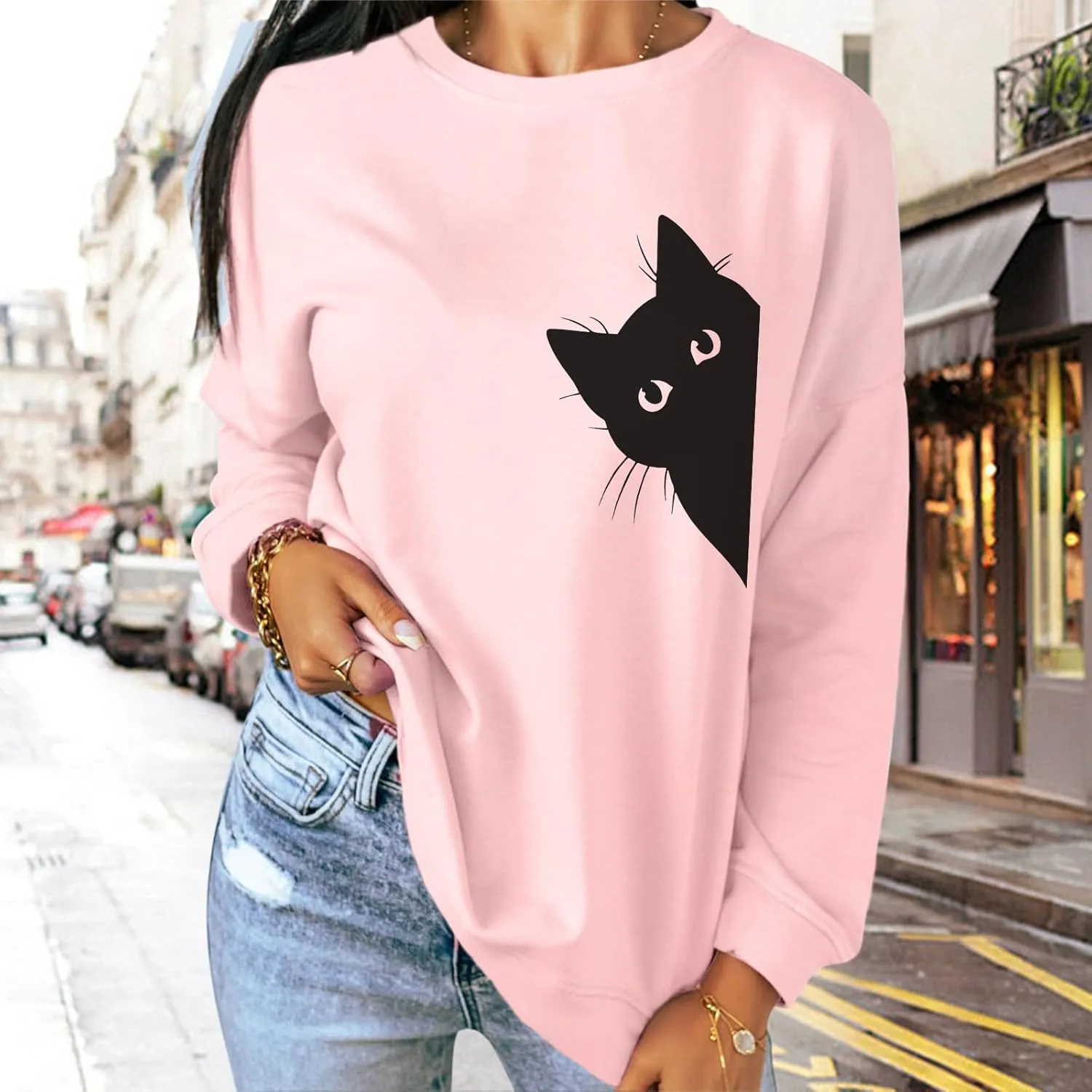 Cat Sweatshirts for Women Graphic Print Sweatshirt Funny Long Sleeve Shirt Cute Pullover Lightweight Hoodie Tops