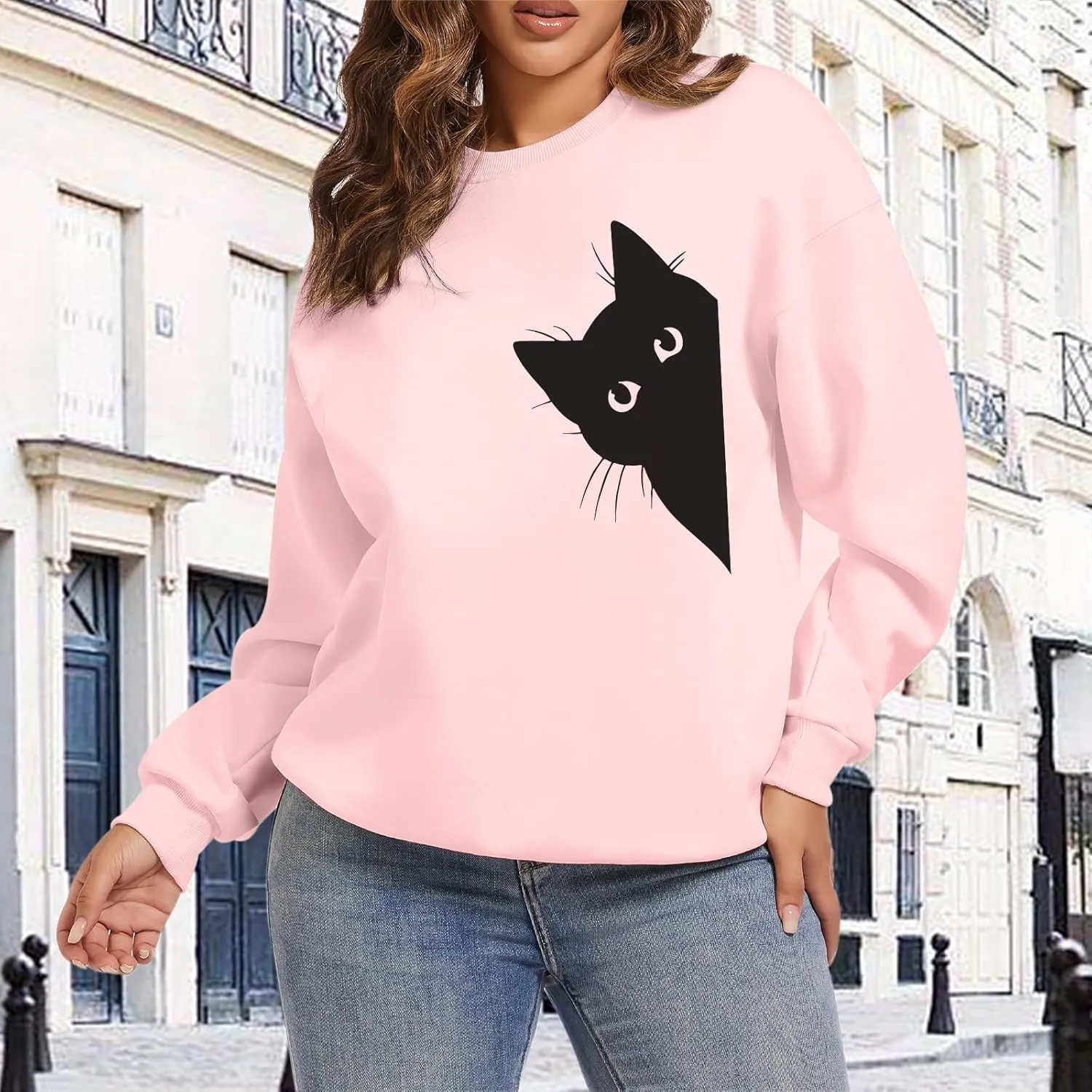 Cat Sweatshirts for Women Graphic Print Sweatshirt Funny Long Sleeve Shirt Cute Pullover Lightweight Hoodie Tops