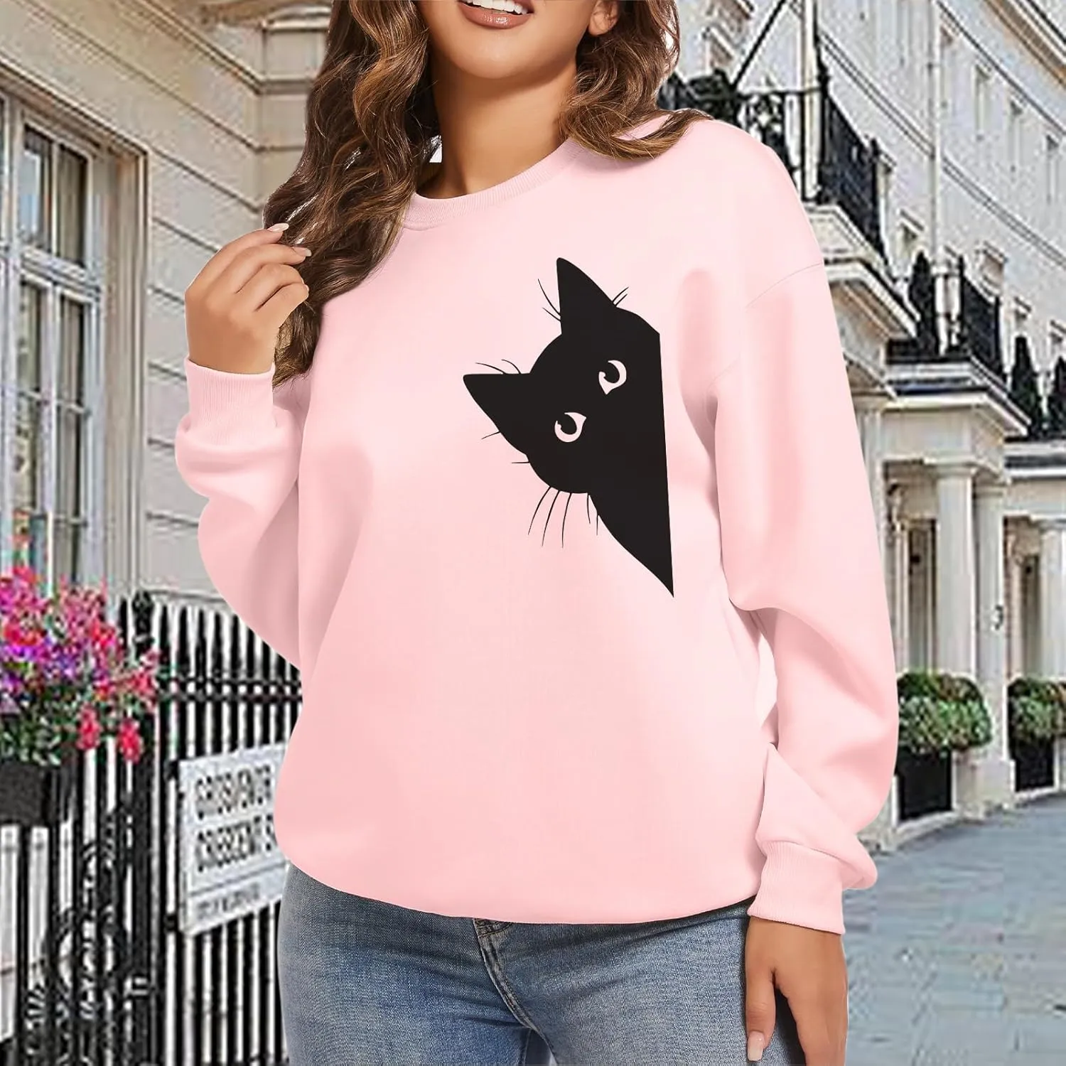 Cat Sweatshirts for Women Graphic Print Sweatshirt Funny Long Sleeve Shirt Cute Pullover Lightweight Hoodie Tops