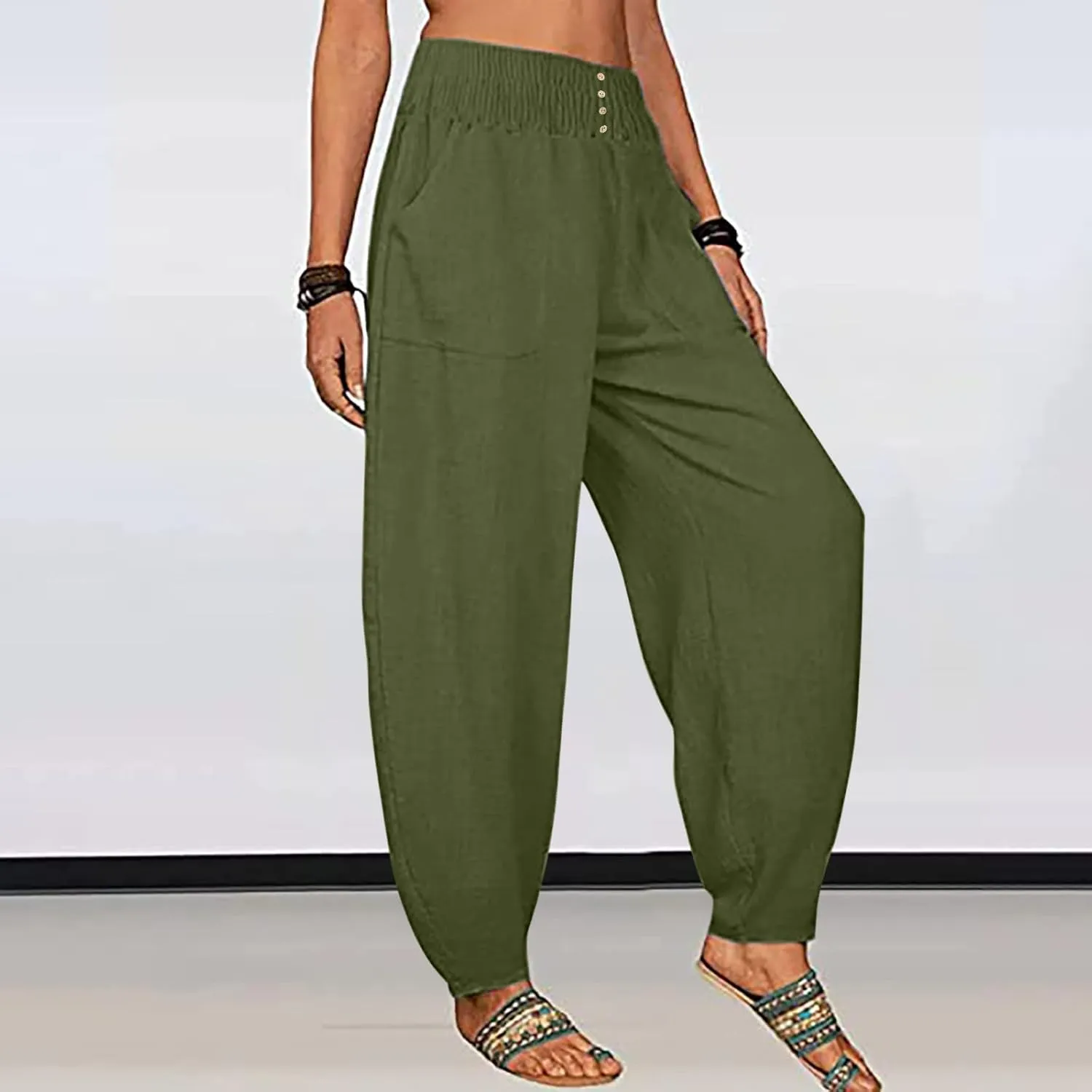 Ceboyel Women Lantern Linen Pants High Elastic Waist Tapered Harem Pants Summer Beach Boho Trouser Trendy Ladies Outfits