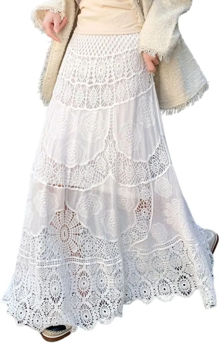 chouyatou Women's Floral Embroidered Knit Skirt Lace Crochet Eyelet Elastic Waist Flared Maxi Long Skirt
