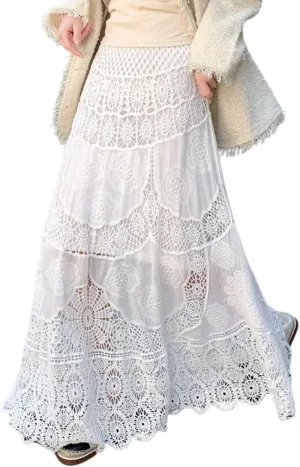 chouyatou Women's Floral Embroidered Knit Skirt Lace Crochet Eyelet Elastic Waist Flared Maxi Long Skirt