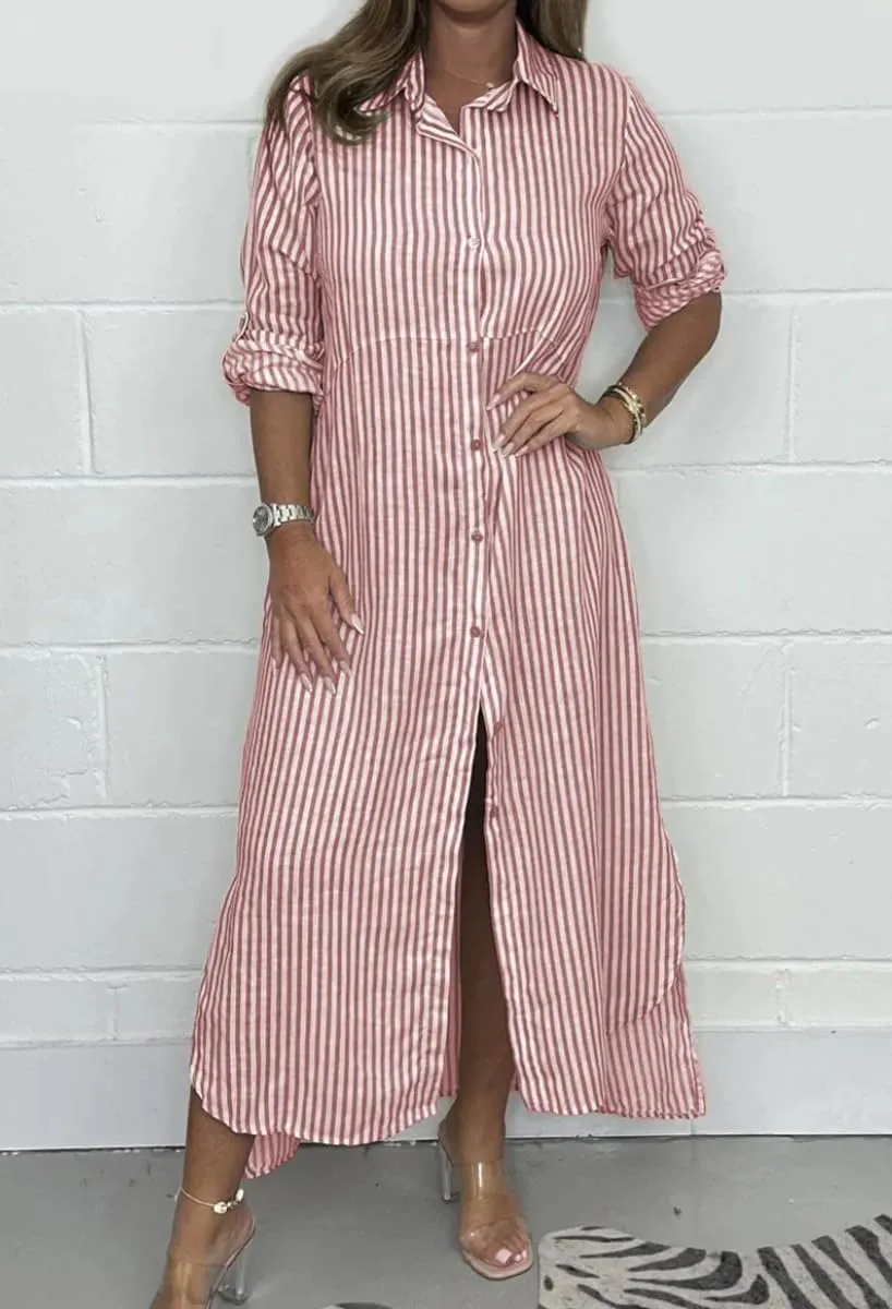 chouyatou Women's Long Sleeve Striped Shirt Dress Casual Loose Button Down Maxi Long Tunic Dress