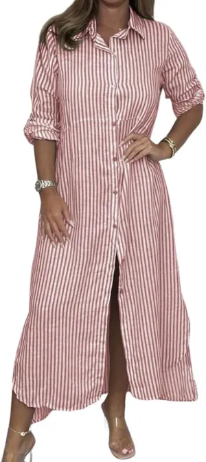 chouyatou Women's Long Sleeve Striped Shirt Dress Casual Loose Button Down Maxi Long Tunic Dress