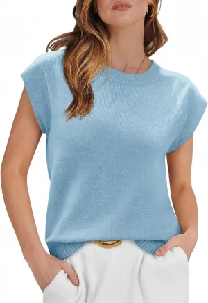 Cicy Bell Womens Cap Sleeve Sweater Vest Summer Casual Sleeveless Knit Tank Tops Loose Fit Crew Neck Shirts Pullover