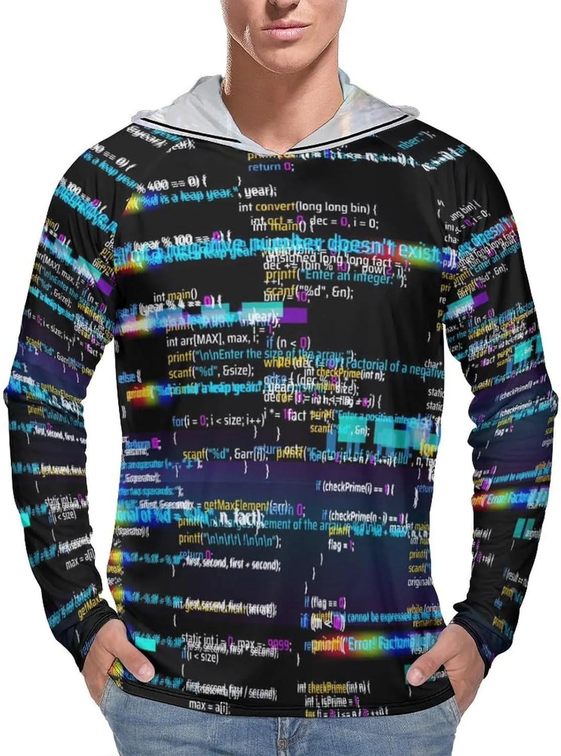 Colorful Glitched Computer Code Men's Quick Dry Long Sleeve Shirts UV Sun Protection Moisture Wicking T-Shirt L
