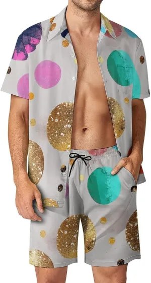 Colorful Glitter Dots Mens Swimsuit 2 Pieces Set Quick Dry Shorts Shirts Summer Button Down Short Sleeve Set