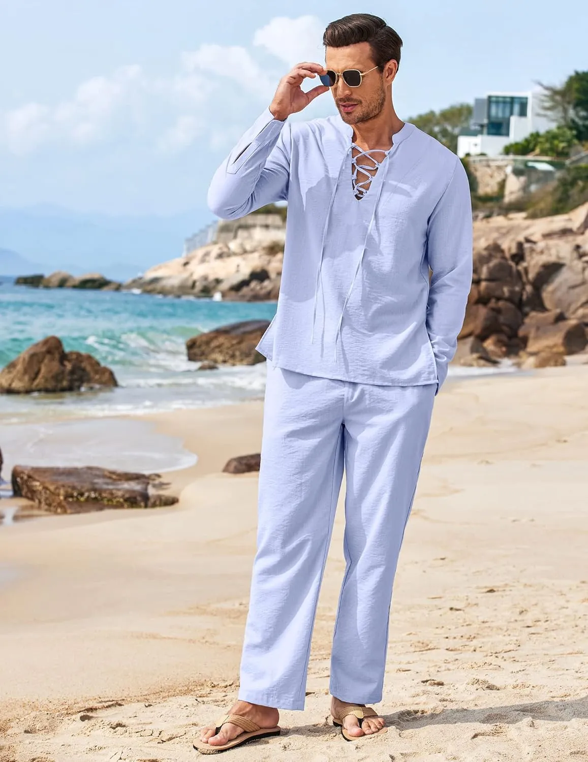 COOFANDY Men's 2 Piece Linen Set Long Sleeve Henley Shirts Casual Beach Pants With Pockets Summer Yoga Outfits