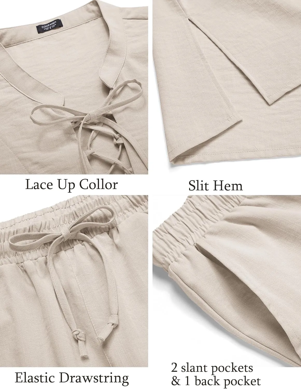 COOFANDY Men's 2 Piece Linen Set Long Sleeve Henley Shirts Casual Beach Pants With Pockets Summer Yoga Outfits