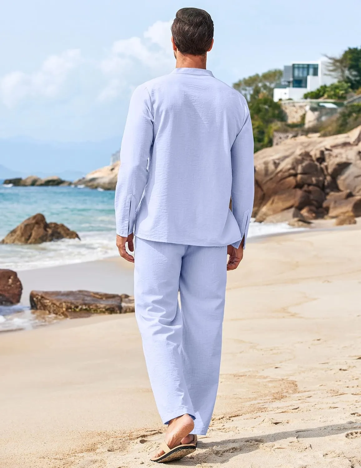 COOFANDY Men's 2 Piece Linen Set Long Sleeve Henley Shirts Casual Beach Pants With Pockets Summer Yoga Outfits