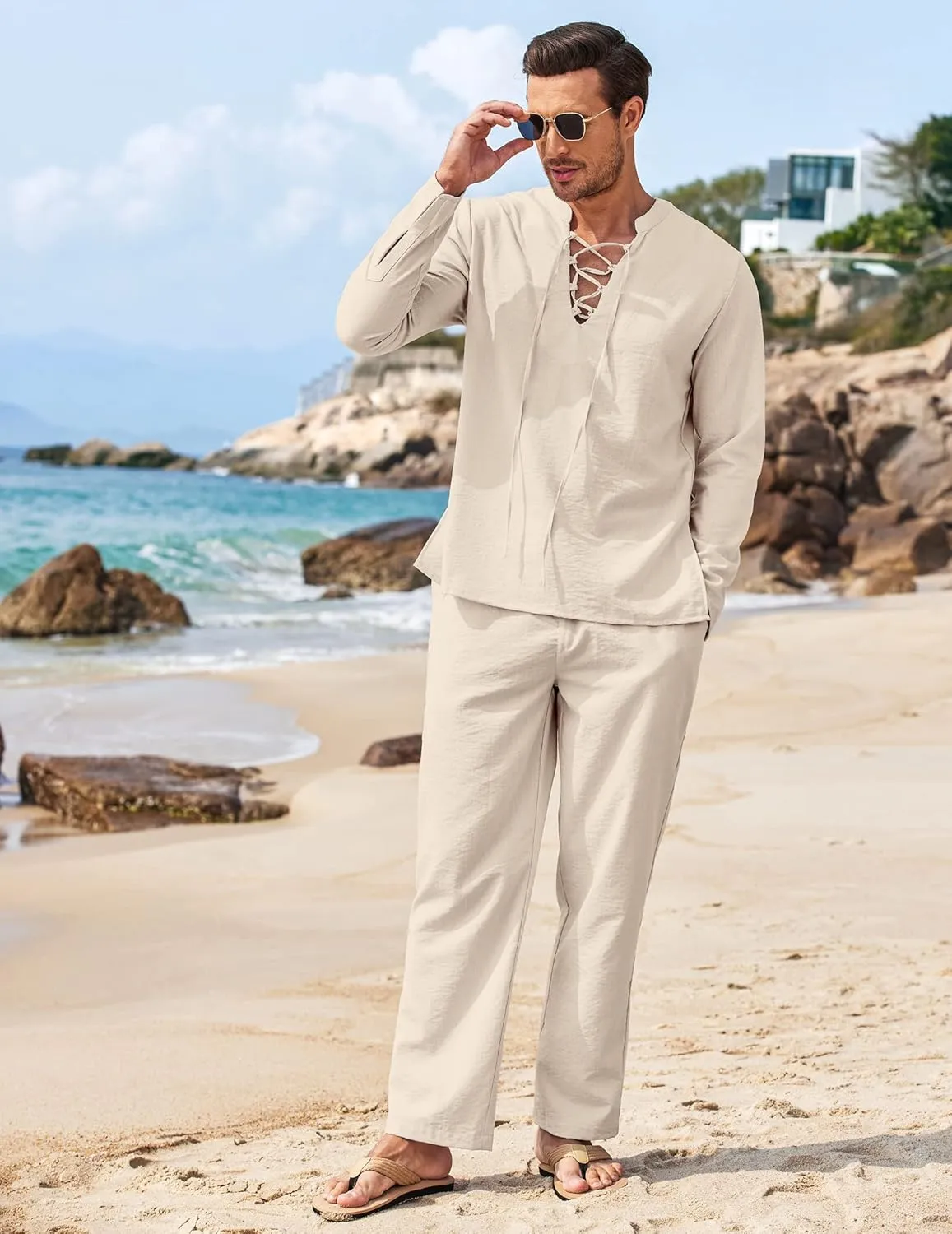 COOFANDY Men's 2 Piece Linen Set Long Sleeve Henley Shirts Casual Beach Pants With Pockets Summer Yoga Outfits