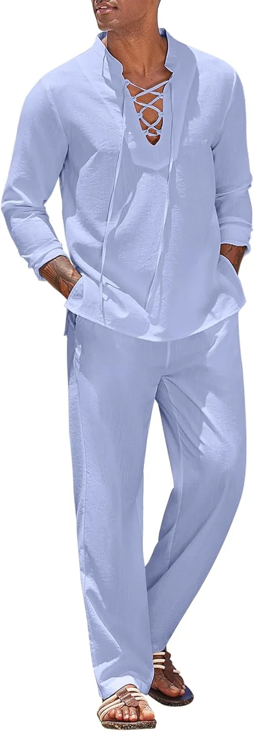 COOFANDY Men's 2 Piece Linen Set Long Sleeve Henley Shirts Casual Beach Pants With Pockets Summer Yoga Outfits