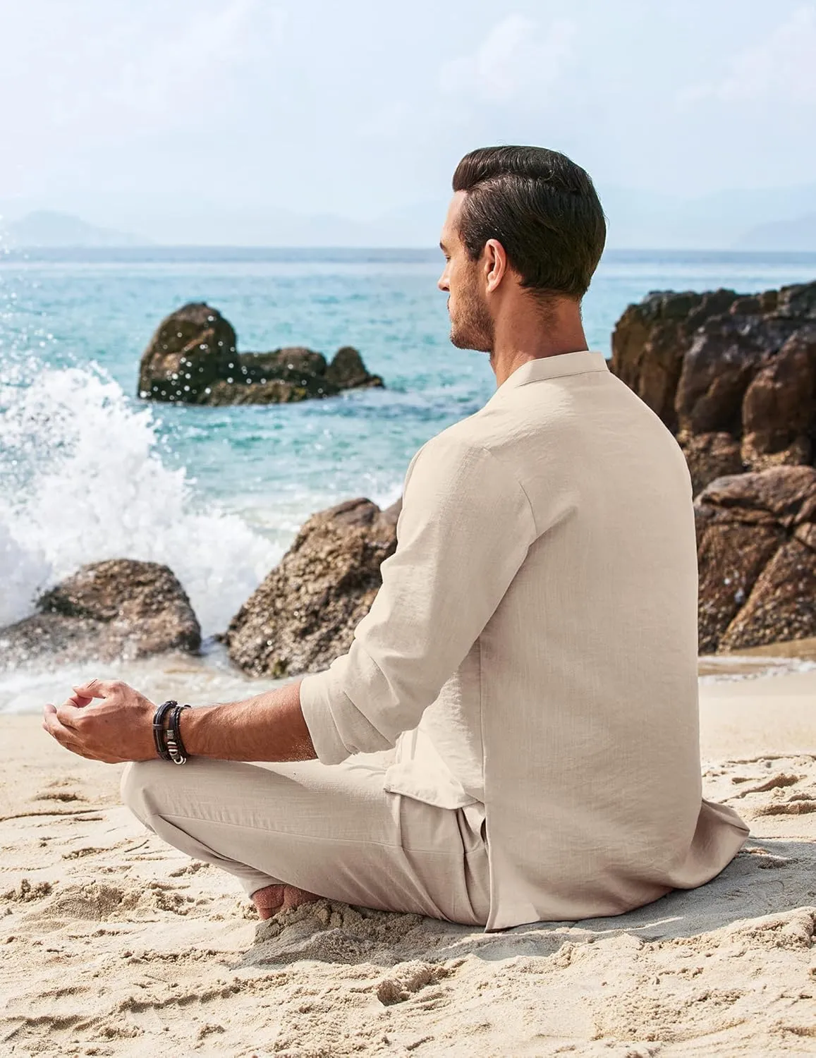 COOFANDY Men's 2 Piece Linen Set Long Sleeve Henley Shirts Casual Beach Pants With Pockets Summer Yoga Outfits
