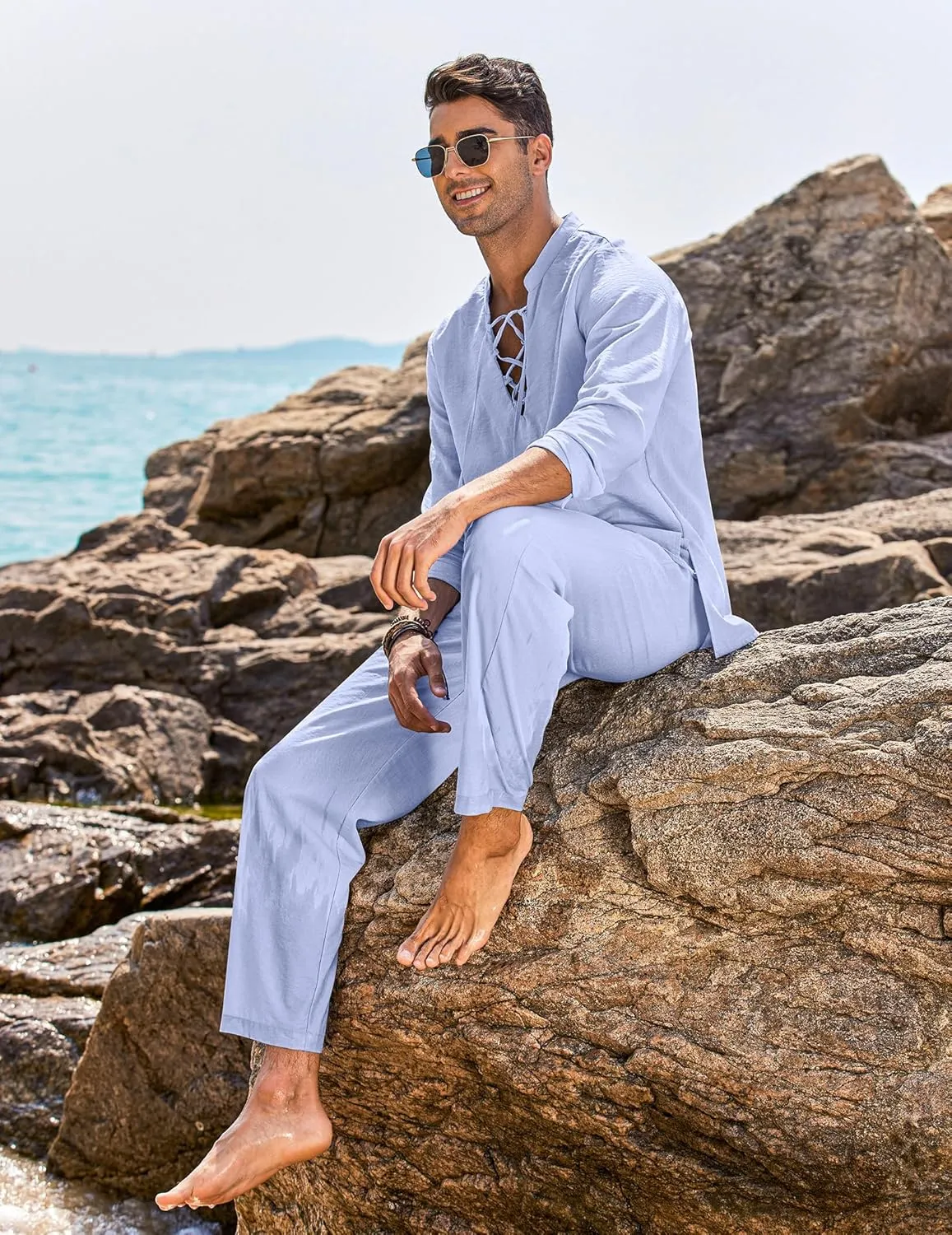 COOFANDY Men's 2 Piece Linen Set Long Sleeve Henley Shirts Casual Beach Pants With Pockets Summer Yoga Outfits