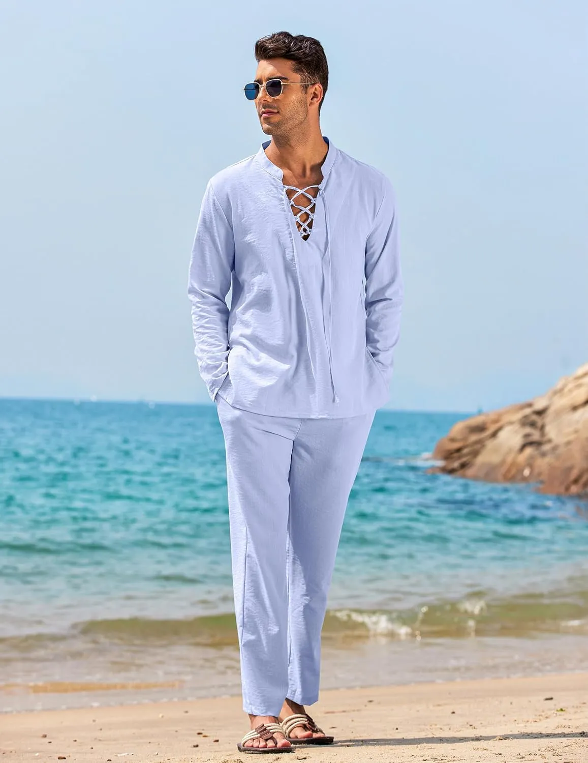 COOFANDY Men's 2 Piece Linen Set Long Sleeve Henley Shirts Casual Beach Pants With Pockets Summer Yoga Outfits